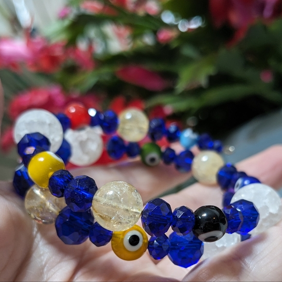 Hand Crafted Jewelry - 🧿SOLD🧿Evil Eye Protection Citrine Quartz Beads Good Luck Crystals Blue
